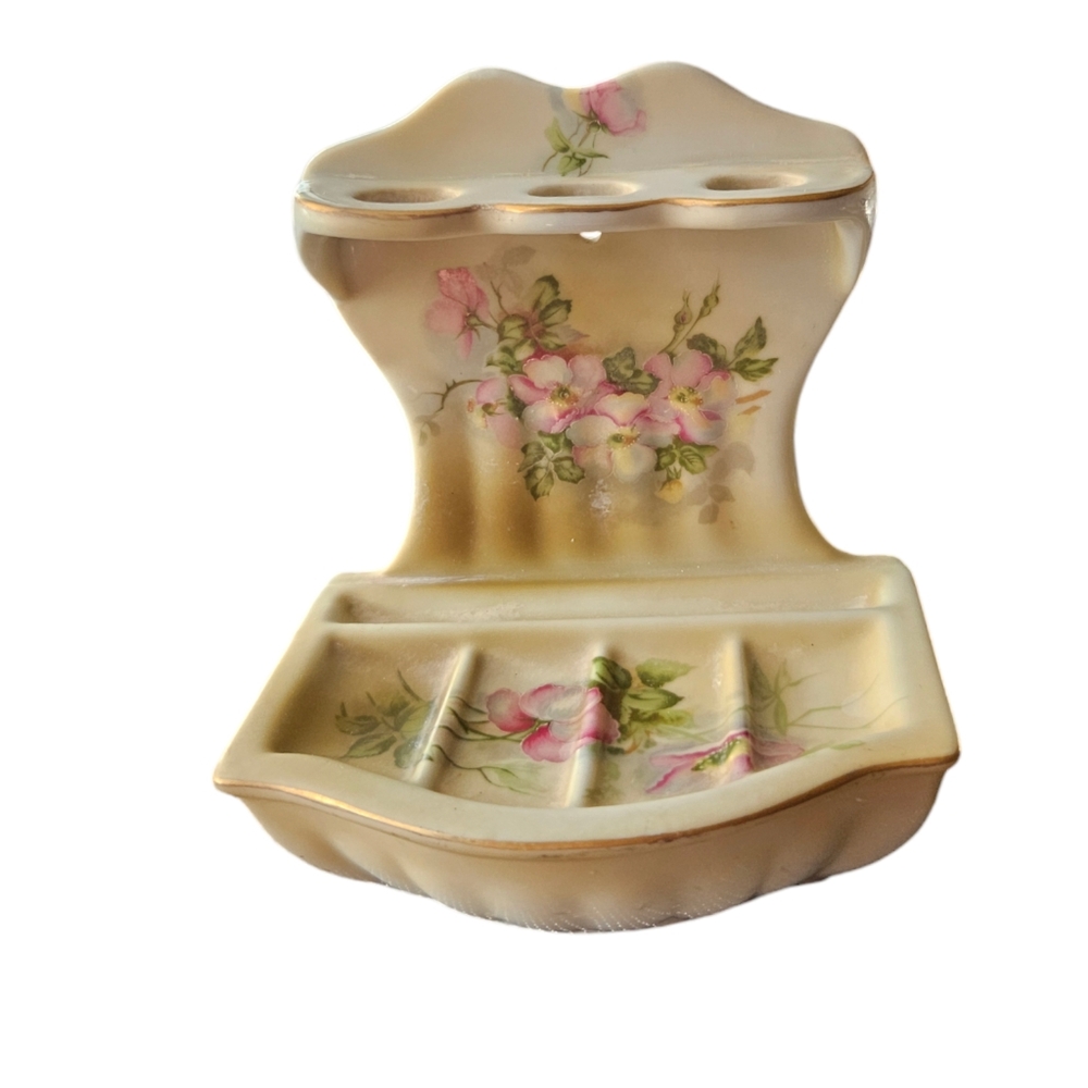 Vintage Nippon Hand Painted Porcelain Toothbrush Soap Holder Hang Stationary